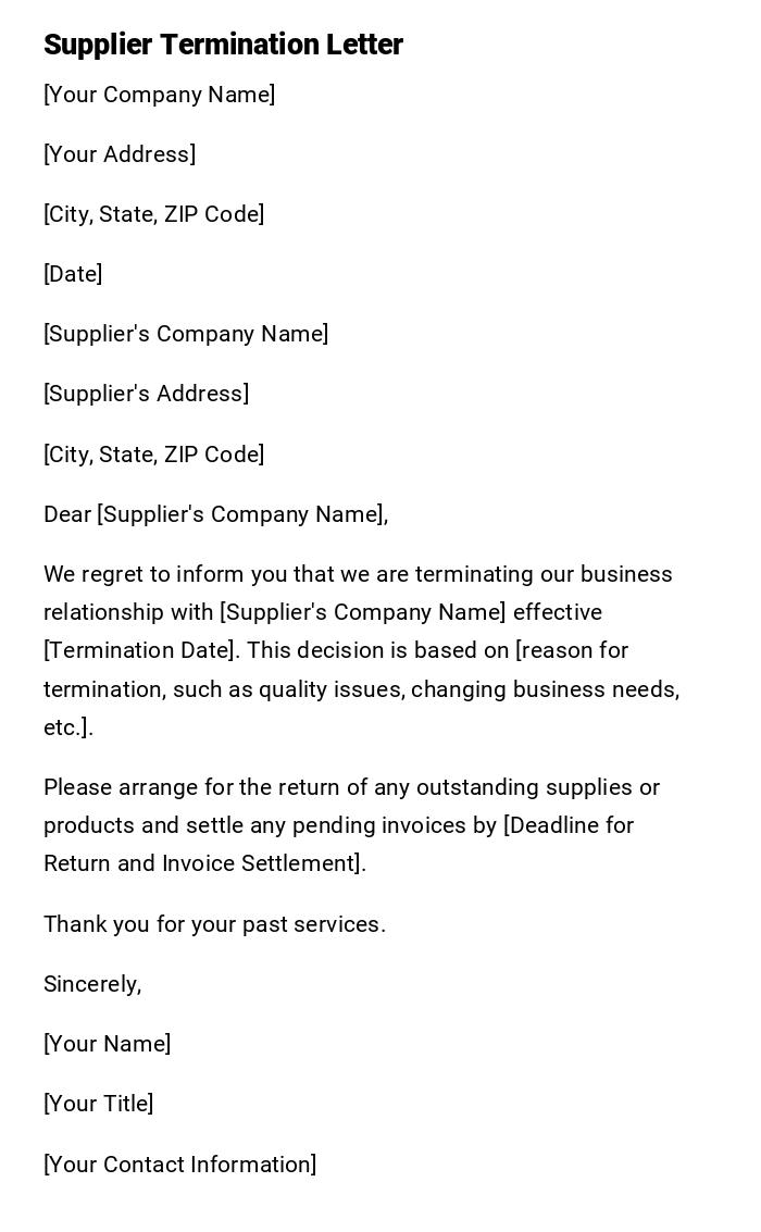 Supplier Termination Letter Supplier Termination Letter
