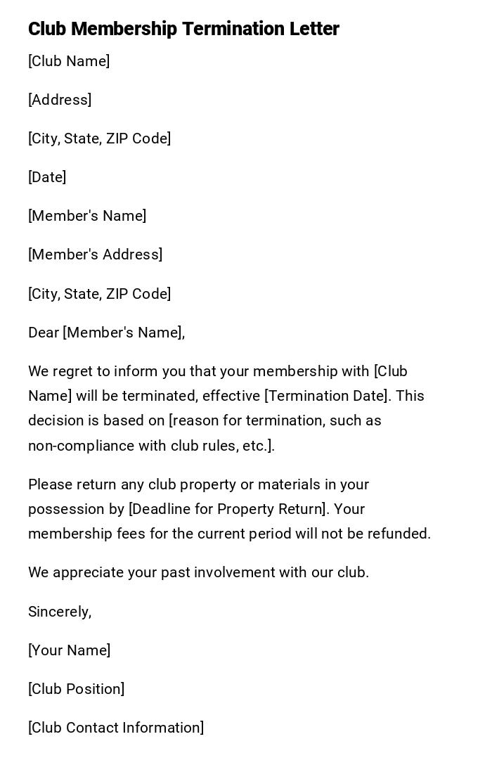 Club Membership Termination Letter Club Membership Termination Letter