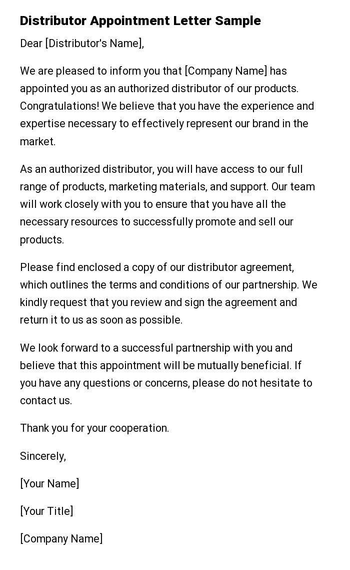 Distributor Appointment Letter Sample
