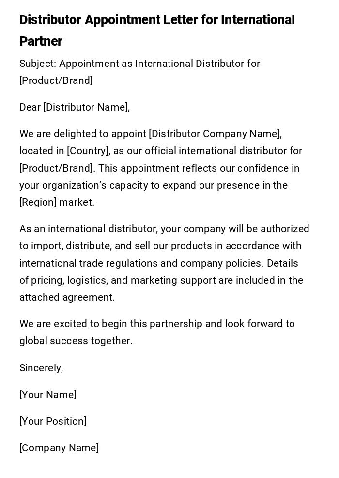 Distributor Appointment Letter for International Partner Distributor Appointment Letter for International Partner