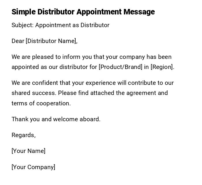 Simple Distributor Appointment Message Simple Distributor Appointment Message