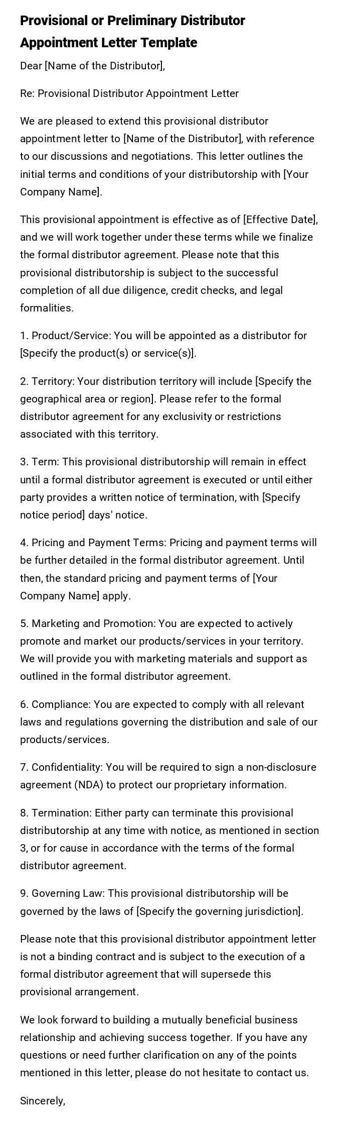 Provisional or Preliminary Distributor Appointment Letter Template