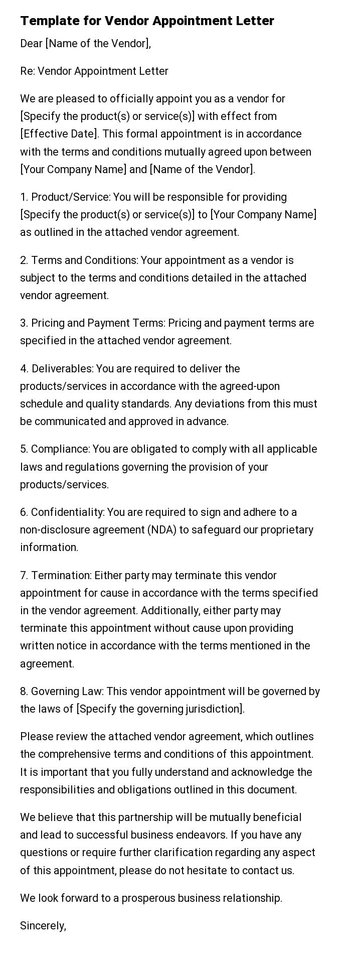 Template for Vendor Appointment Letter