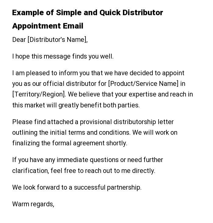 Example of Simple and Quick Distributor Appointment Email