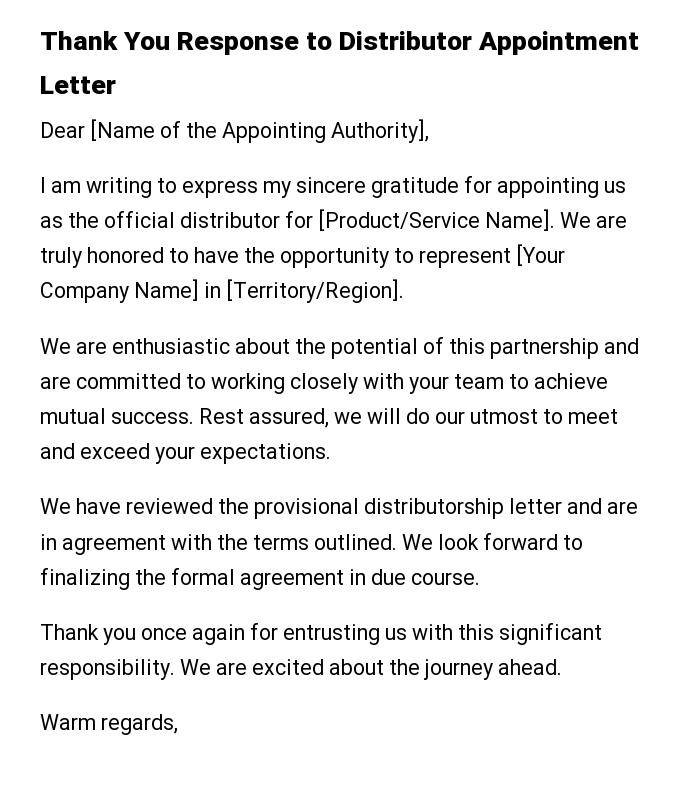 Thank You Response to Distributor Appointment Letter