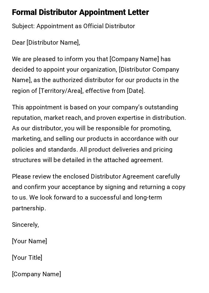 Formal Distributor Appointment Letter Formal Distributor Appointment Letter