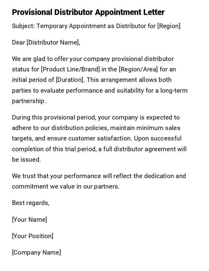 Provisional Distributor Appointment Letter Provisional Distributor Appointment Letter