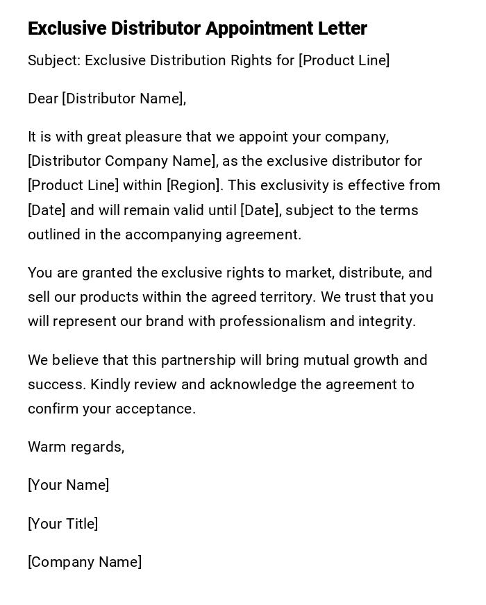 Exclusive Distributor Appointment Letter Exclusive Distributor Appointment Letter