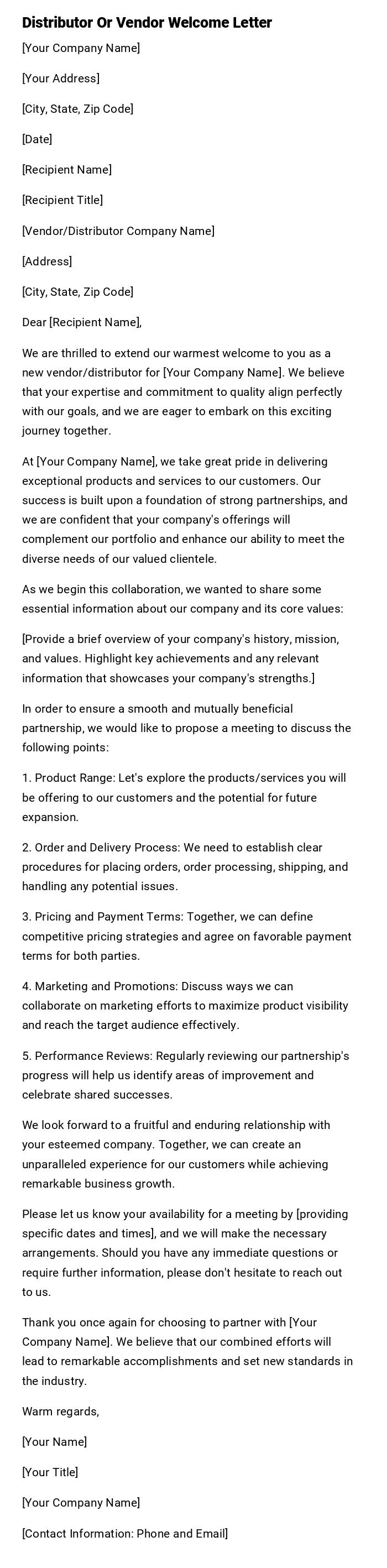 Distributor Or Vendor Welcome Letter