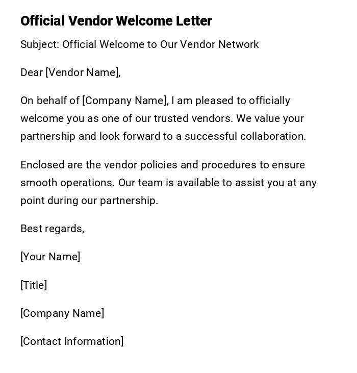 Official Vendor Welcome Letter