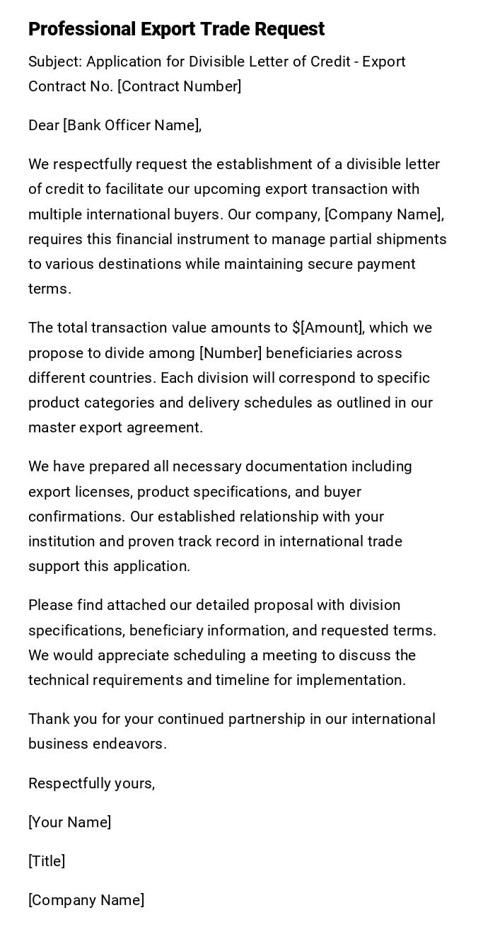 Professional Export Trade Request Professional Export Trade Request