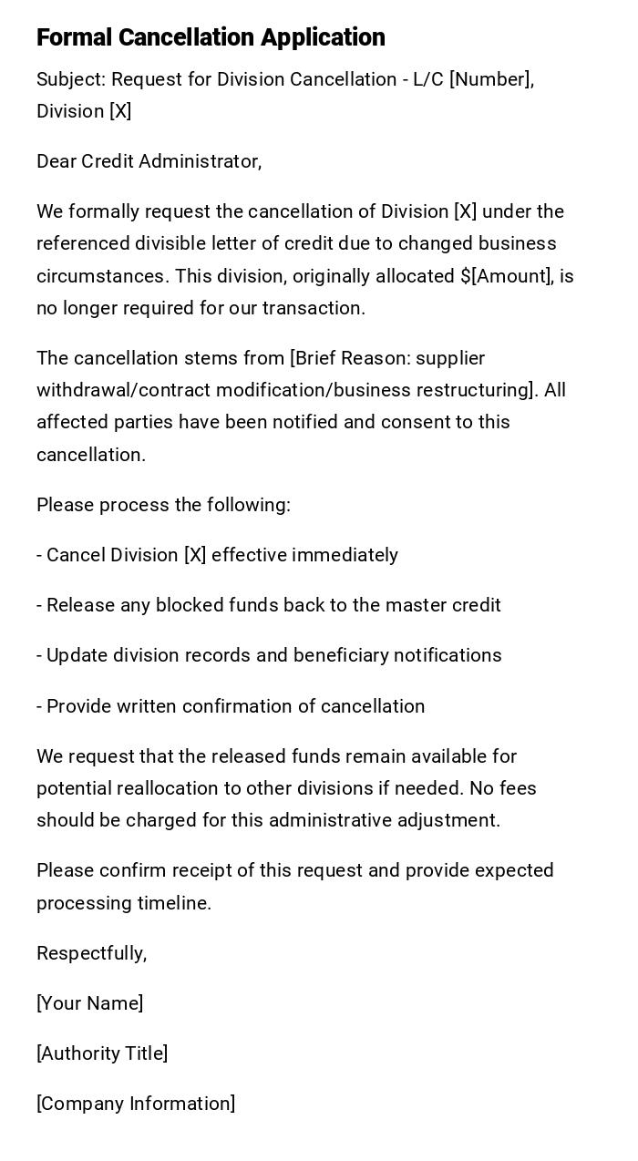 Formal Cancellation Application Formal Cancellation Application