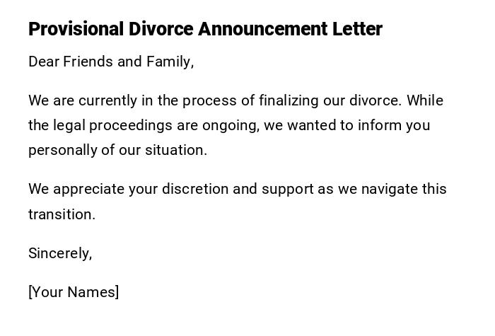 Provisional Divorce Announcement Letter