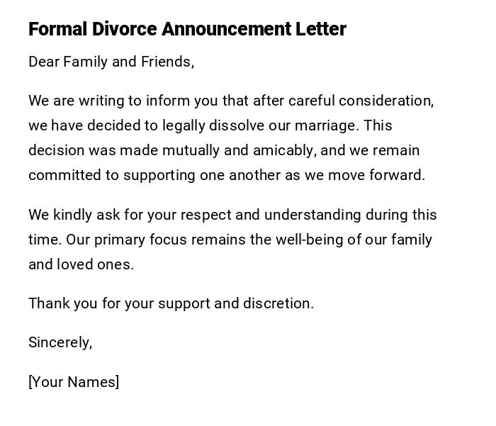 Formal Divorce Announcement Letter