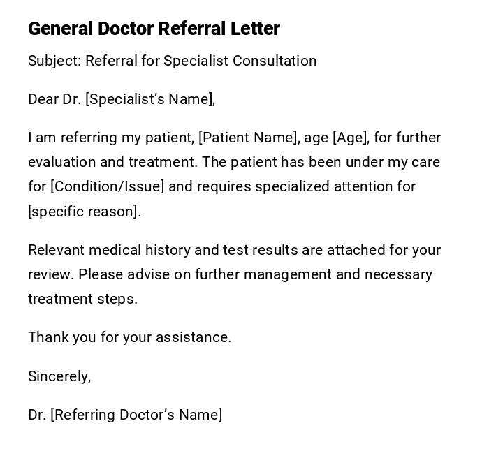 General Doctor Referral Letter General Doctor Referral Letter
