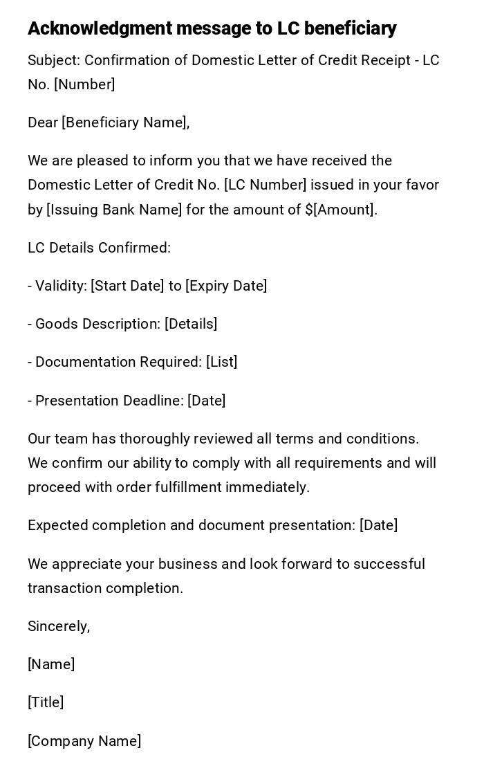 Acknowledgment message to LC beneficiary Acknowledgment message to LC beneficiary