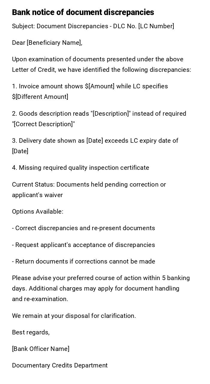 Bank notice of document discrepancies Bank notice of document discrepancies