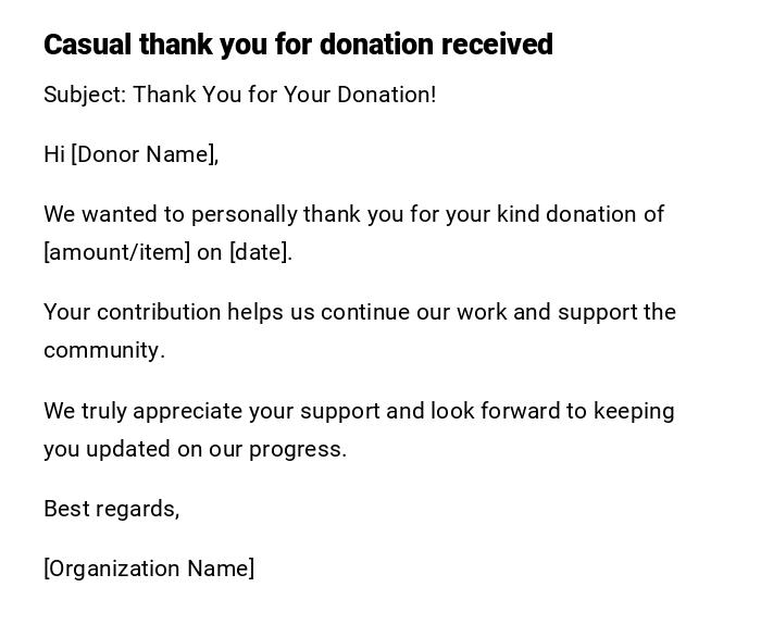 Casual thank you for donation received Casual thank you for donation received