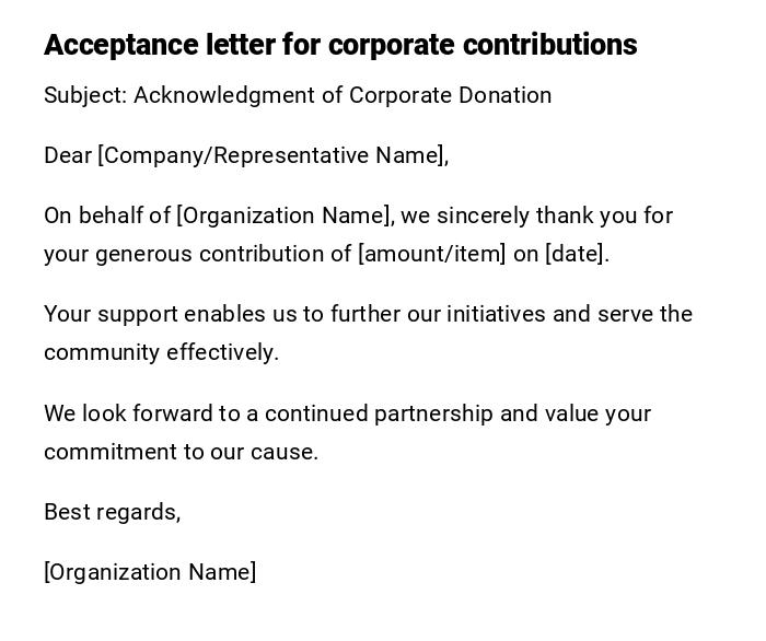 Acceptance letter for corporate contributions Acceptance letter for corporate contributions