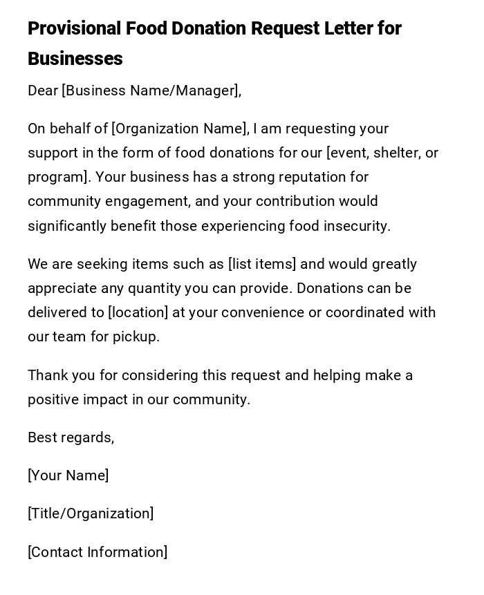 Provisional Food Donation Request Letter for Businesses