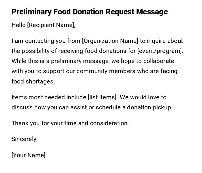 Preliminary Food Donation Request Message