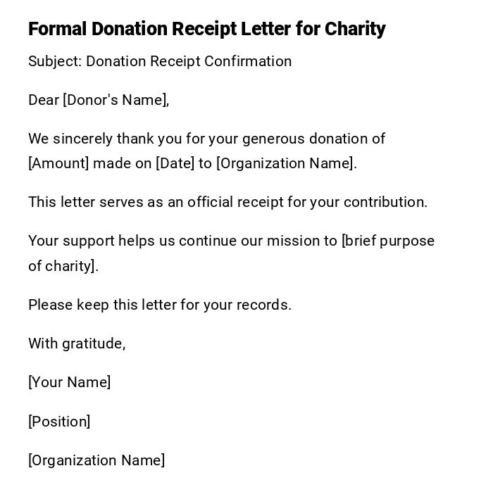Formal Donation Receipt Letter for Charity Formal Donation Receipt Letter for Charity