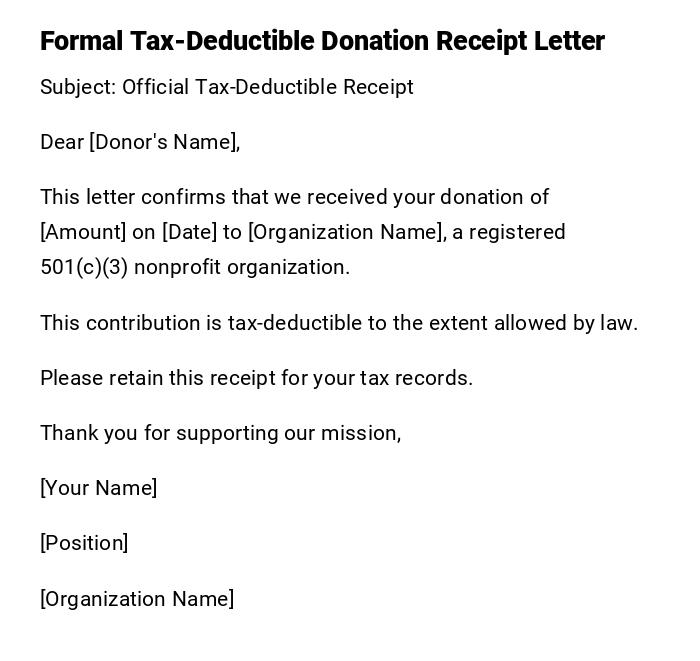 Formal Tax-Deductible Donation Receipt Letter Formal Tax-Deductible Donation Receipt Letter