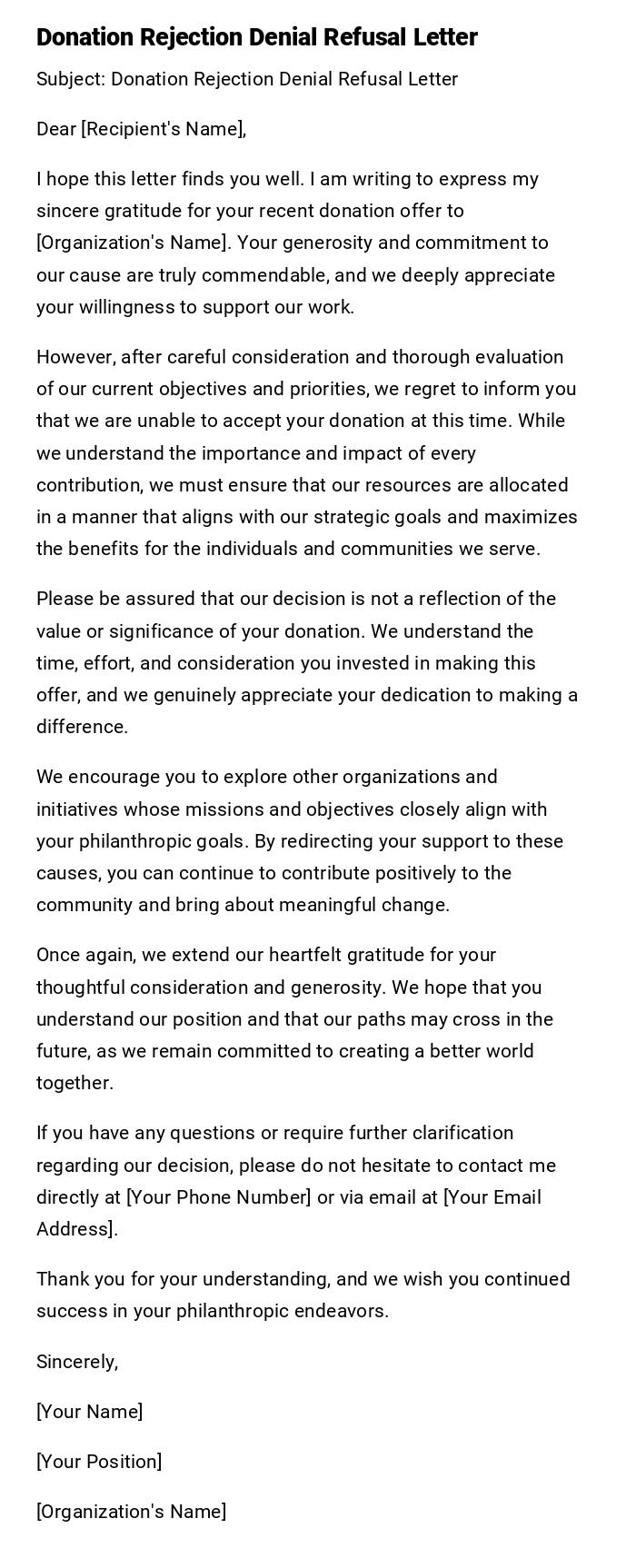 Donation Rejection Denial Refusal Letter