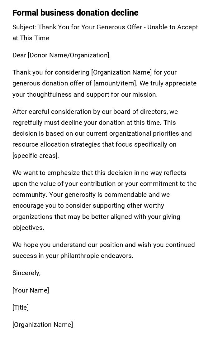 Formal business donation decline Formal business donation decline