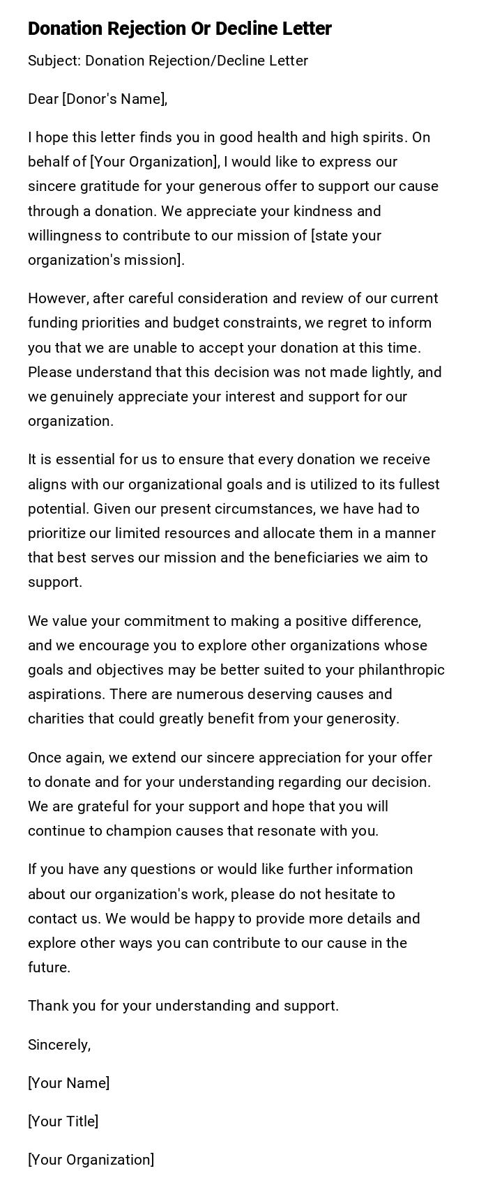 Donation Rejection Or Decline Letter