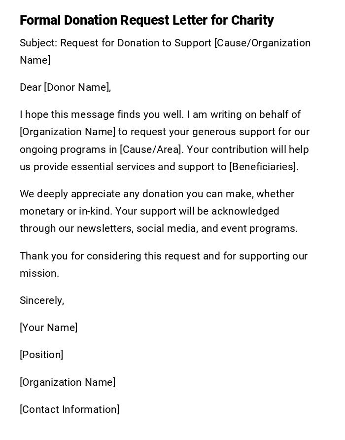 Formal Donation Request Letter for Charity Formal Donation Request Letter for Charity
