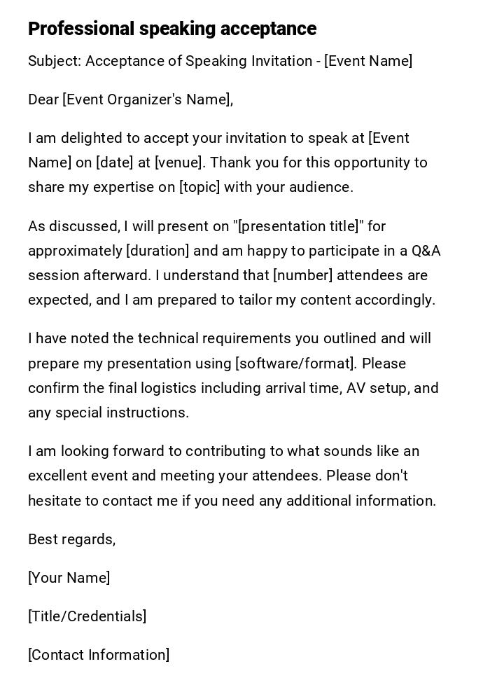 Professional speaking acceptance Professional speaking acceptance