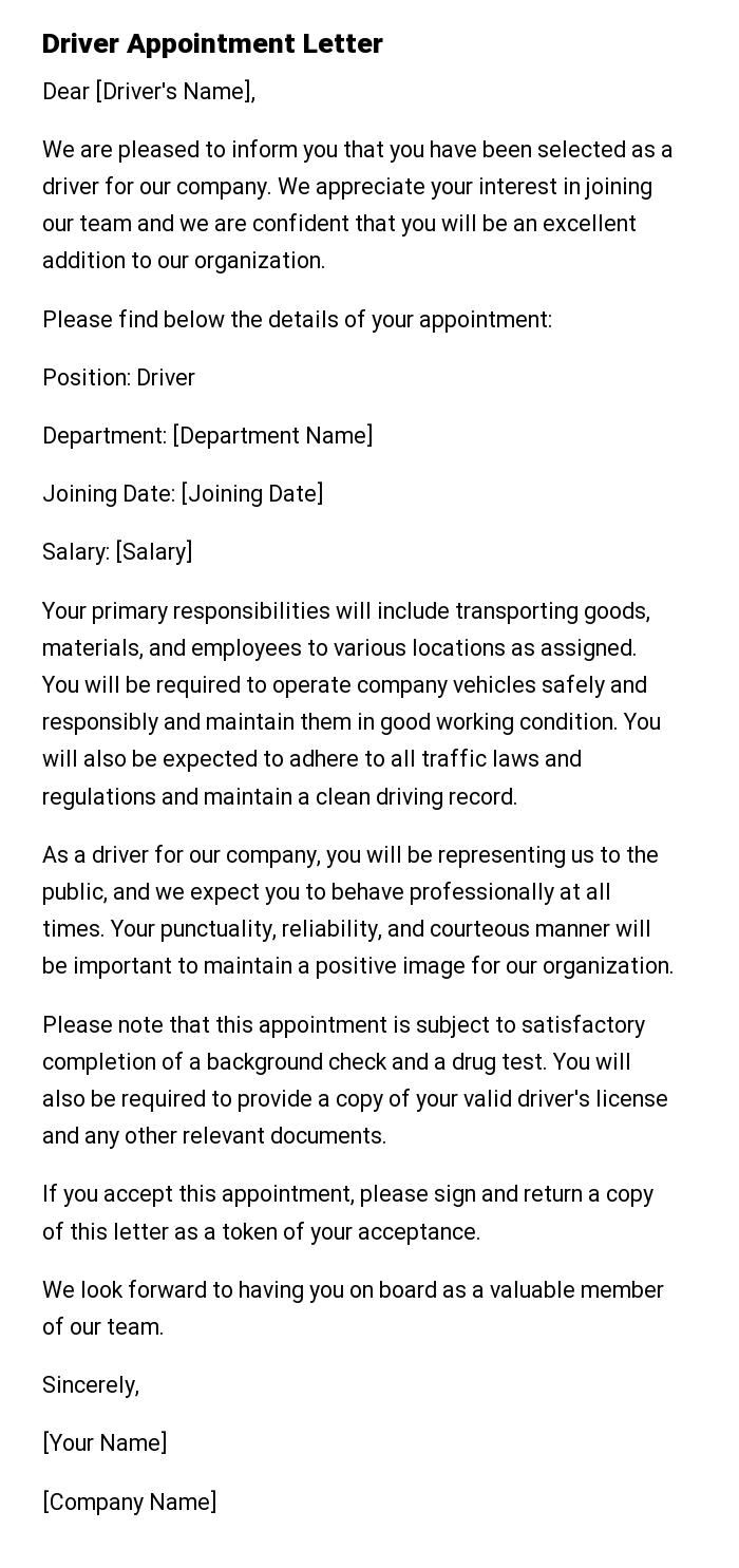 Driver Appointment Letter