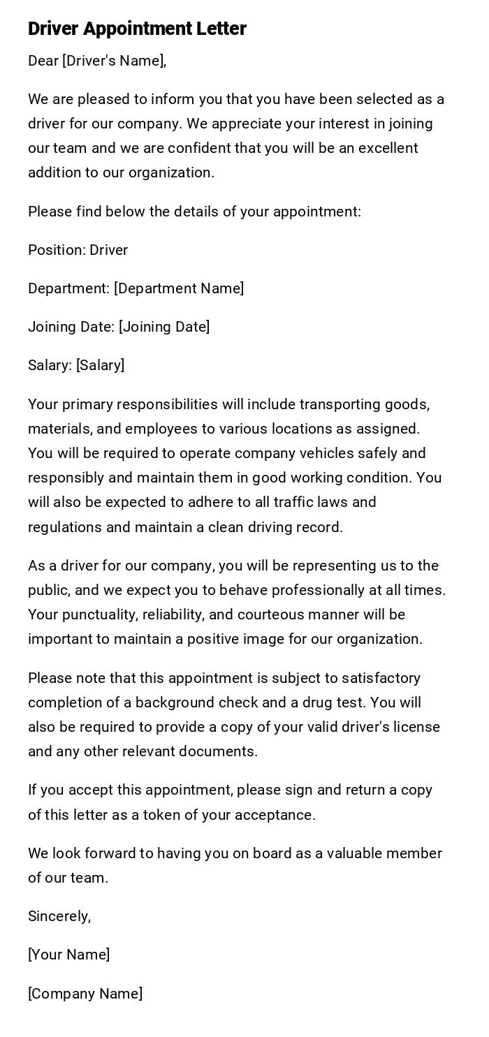 Driver Appointment Letter