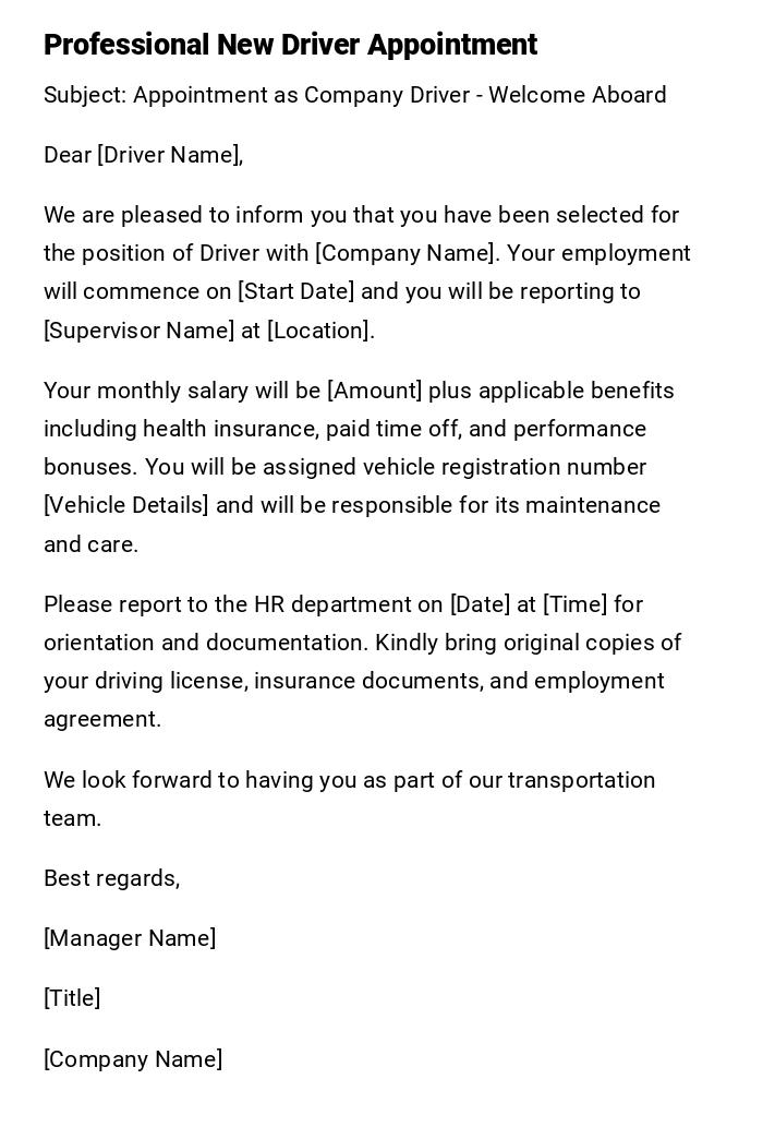 Professional New Driver Appointment Professional New Driver Appointment