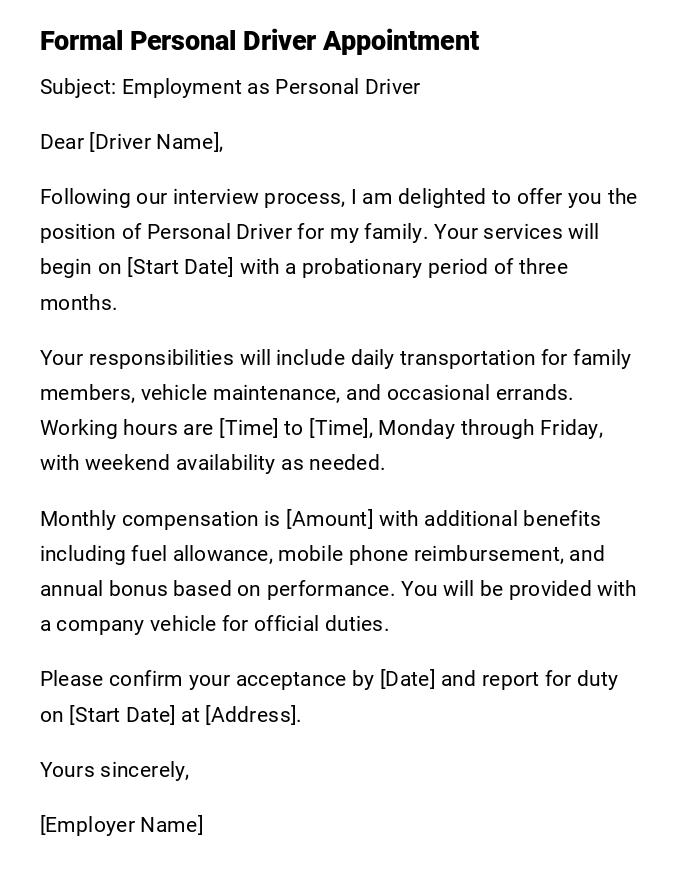 Formal Personal Driver Appointment Formal Personal Driver Appointment