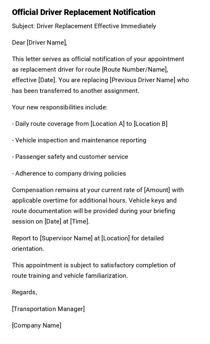 Official Driver Replacement Notification Official Driver Replacement Notification