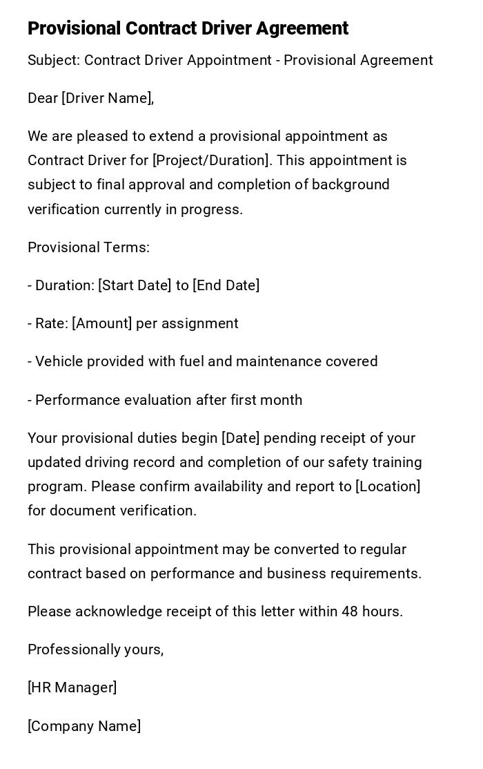 Provisional Contract Driver Agreement Provisional Contract Driver Agreement