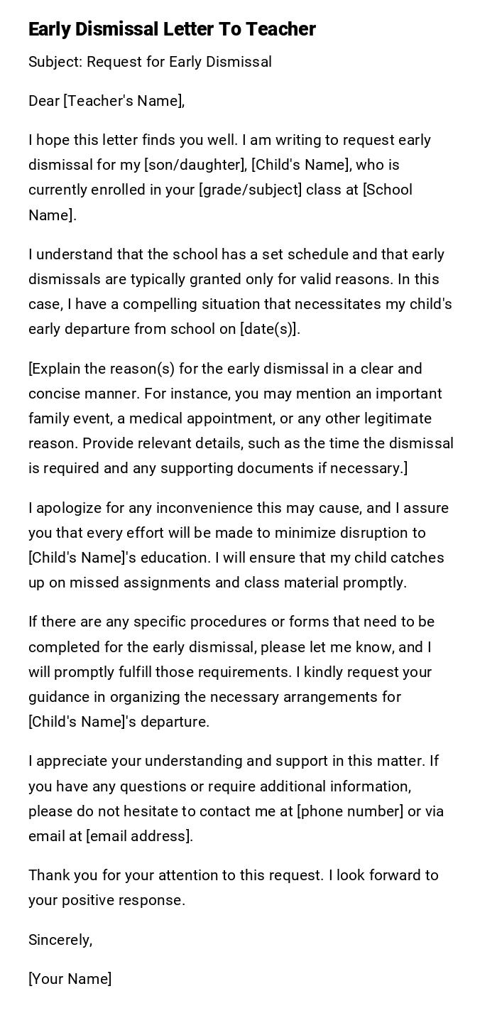 Early Dismissal Letter To Teacher Early Dismissal Letter To Teacher