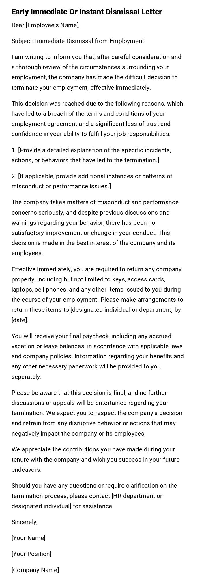 Early Immediate Or Instant Dismissal Letter Early Immediate Or Instant Dismissal Letter