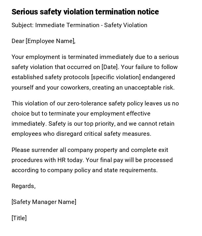 Serious safety violation termination notice Serious safety violation termination notice