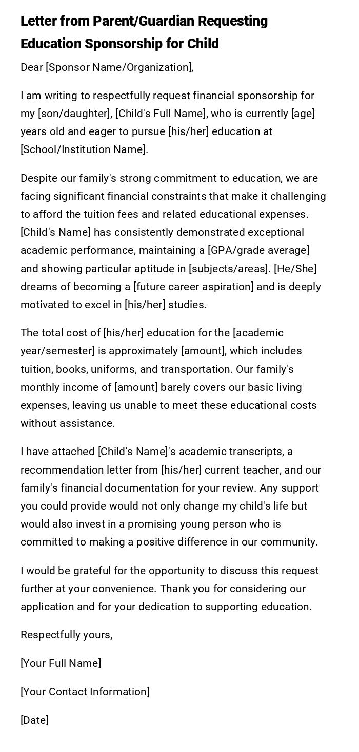 Letter from Parent/Guardian Requesting Education Sponsorship for Child Letter from Parent/Guardian Requesting Education Sponsorship for Child