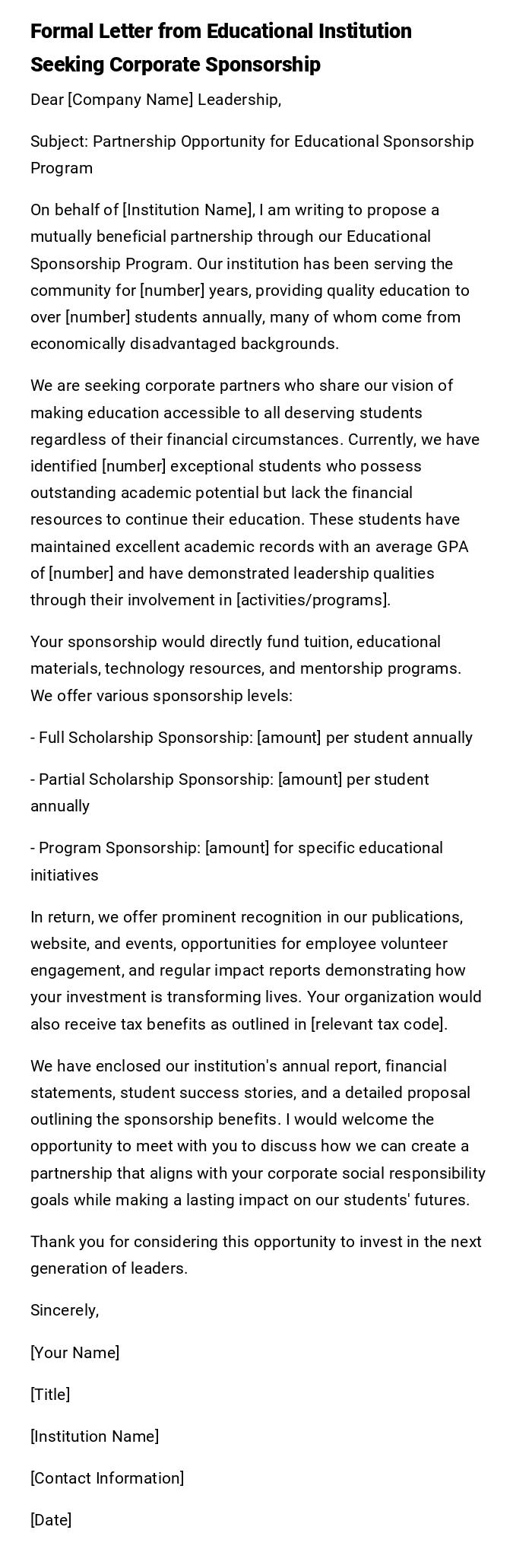 Formal Letter from Educational Institution Seeking Corporate Sponsorship Formal Letter from Educational Institution Seeking Corporate Sponsorship