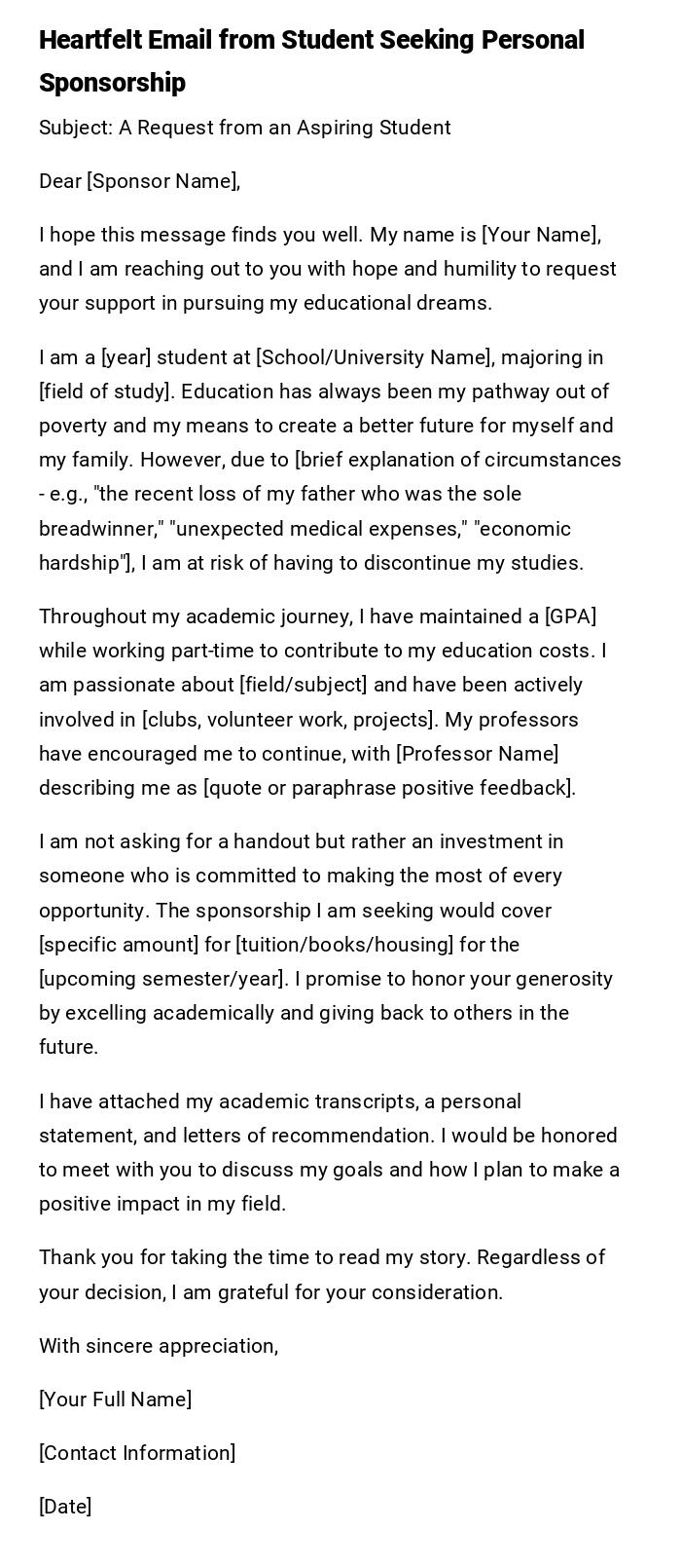 Heartfelt Email from Student Seeking Personal Sponsorship Heartfelt Email from Student Seeking Personal Sponsorship