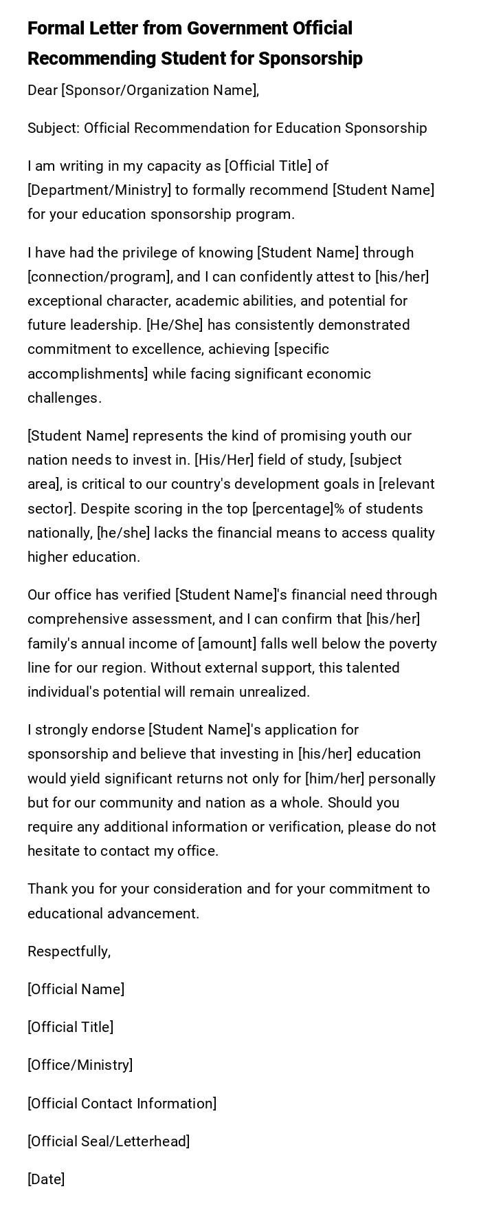 Formal Letter from Government Official Recommending Student for Sponsorship Formal Letter from Government Official Recommending Student for Sponsorship