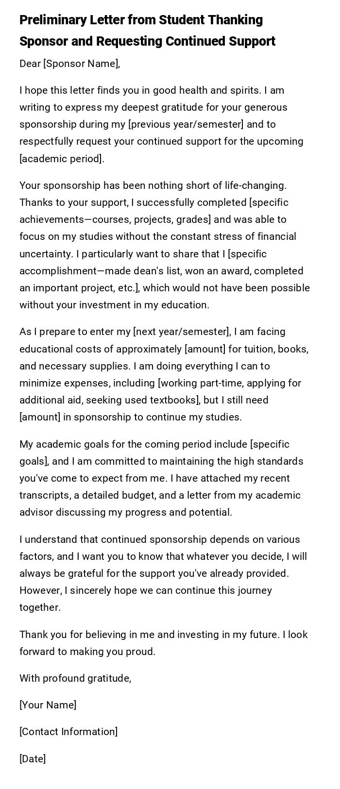 Preliminary Letter from Student Thanking Sponsor and Requesting Continued Support Preliminary Letter from Student Thanking Sponsor and Requesting Continued Support