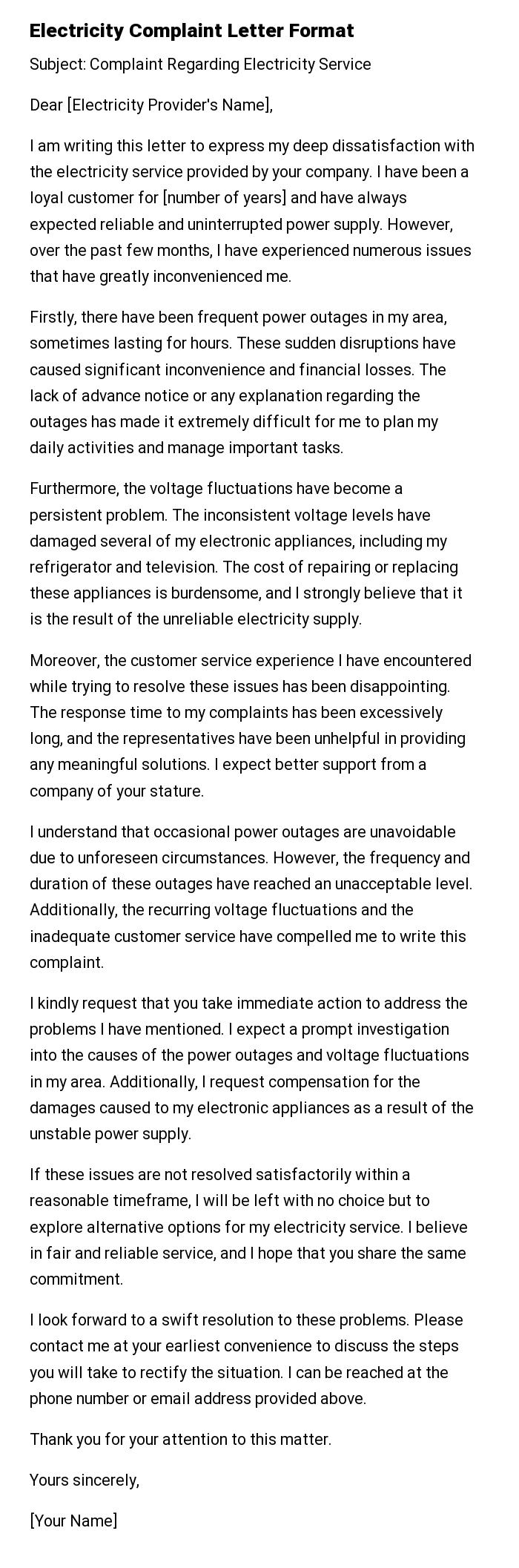 Electricity Complaint Letter Format