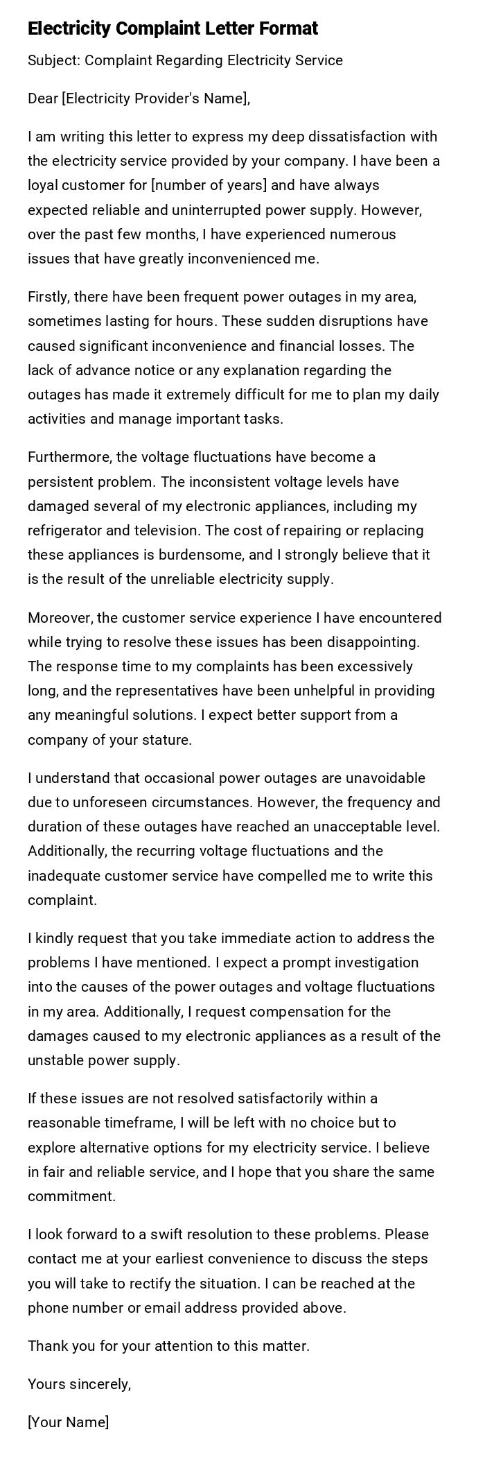 Electricity Complaint Letter Format