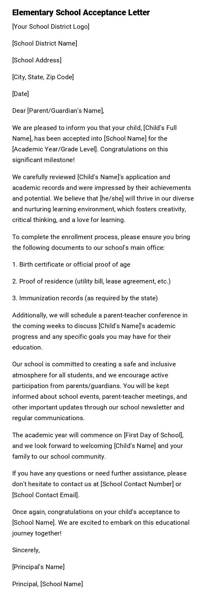 Elementary School Acceptance Letter