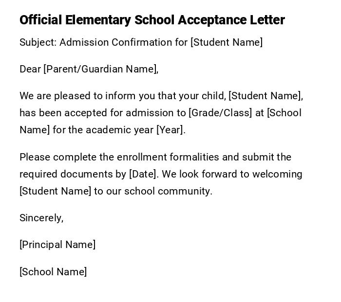 Official Elementary School Acceptance Letter Official Elementary School Acceptance Letter